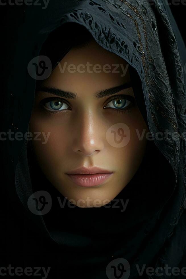 a woman in a black veil with blue eyes generative ai photo