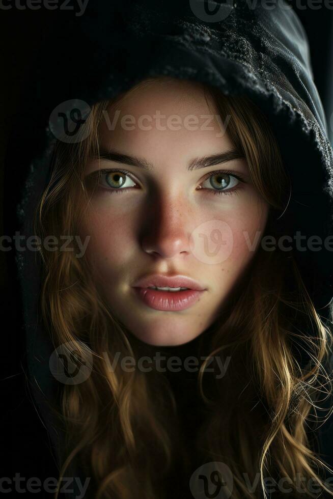 a woman in a hooded jacket looking at the camera generative ai photo