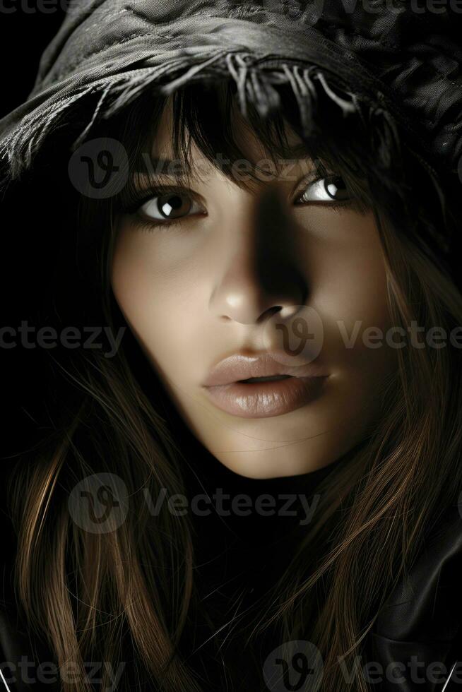 a woman in a hooded jacket with blue eyes generative ai photo