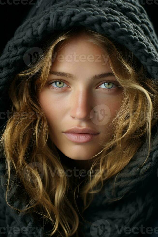 a woman in a hooded jacket with green eyes generative ai photo