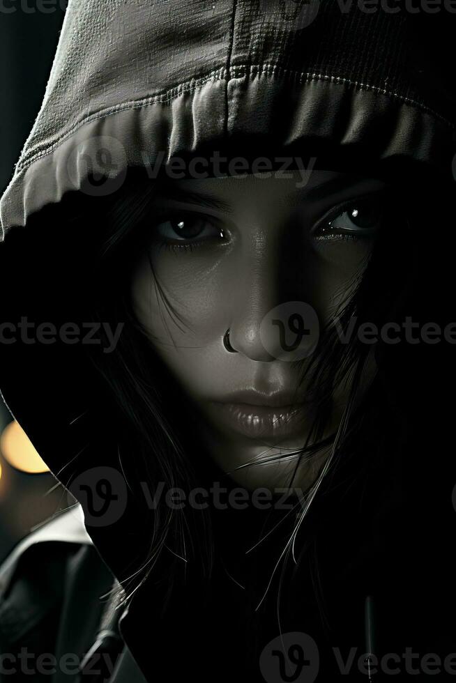 a woman in a hoodie is looking at the camera generative ai photo