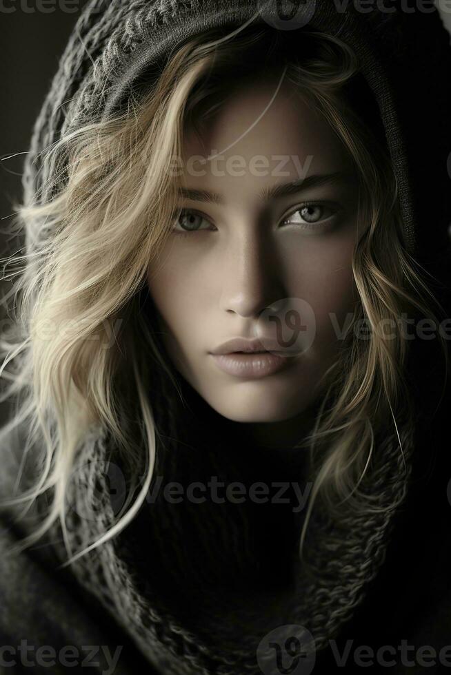 a woman in a hoodie is posing for the camera generative ai photo