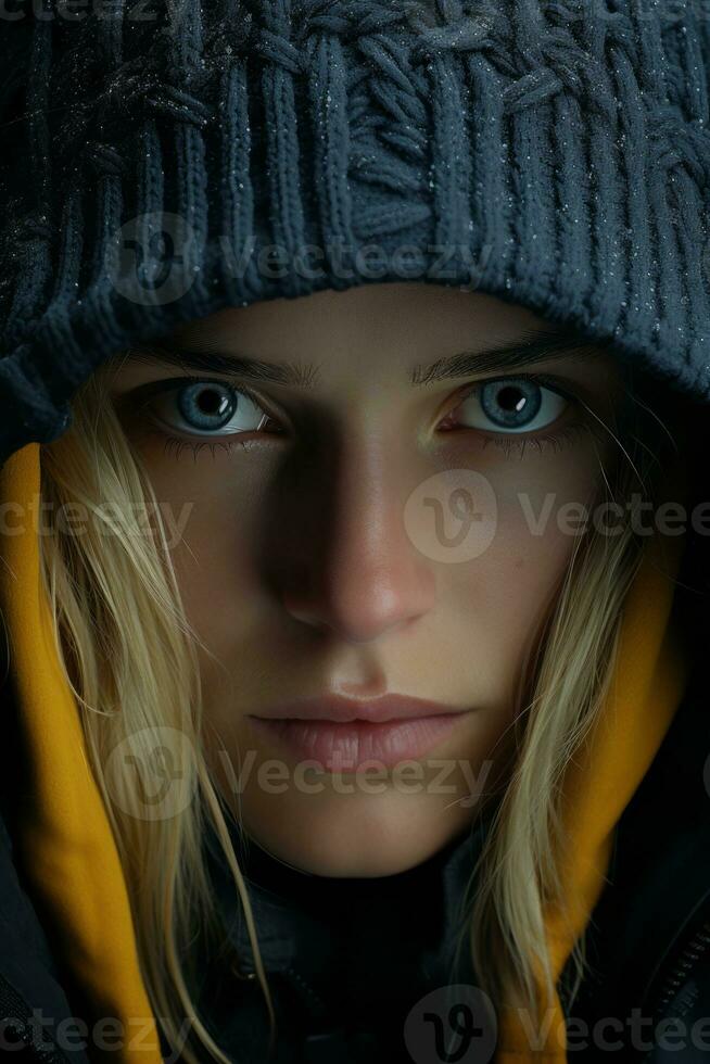 a woman in a hoodie and jacket looking at the camera generative ai photo