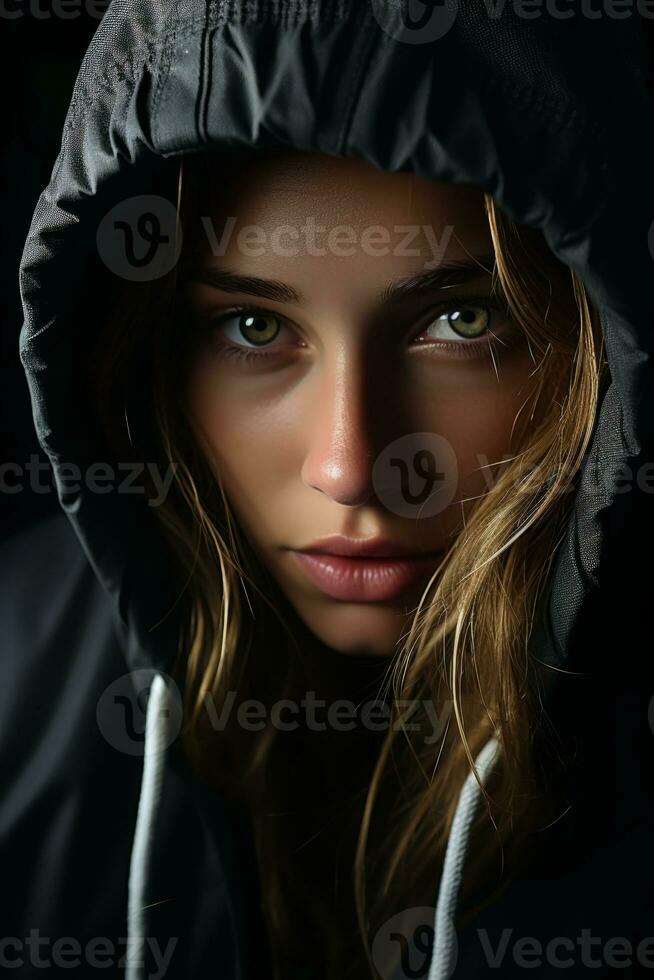 a woman in a hoodie with green eyes generative ai photo