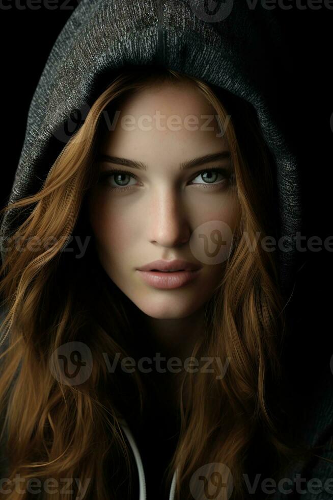 a woman in a hoodie looking at the camera generative ai photo