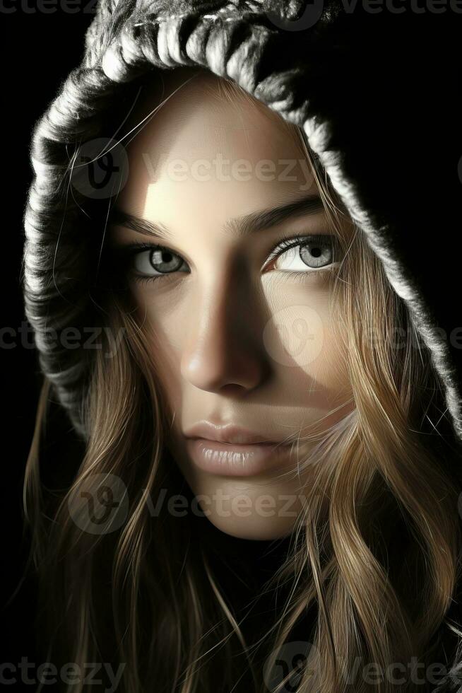 a woman in a hoodie with blue eyes photo