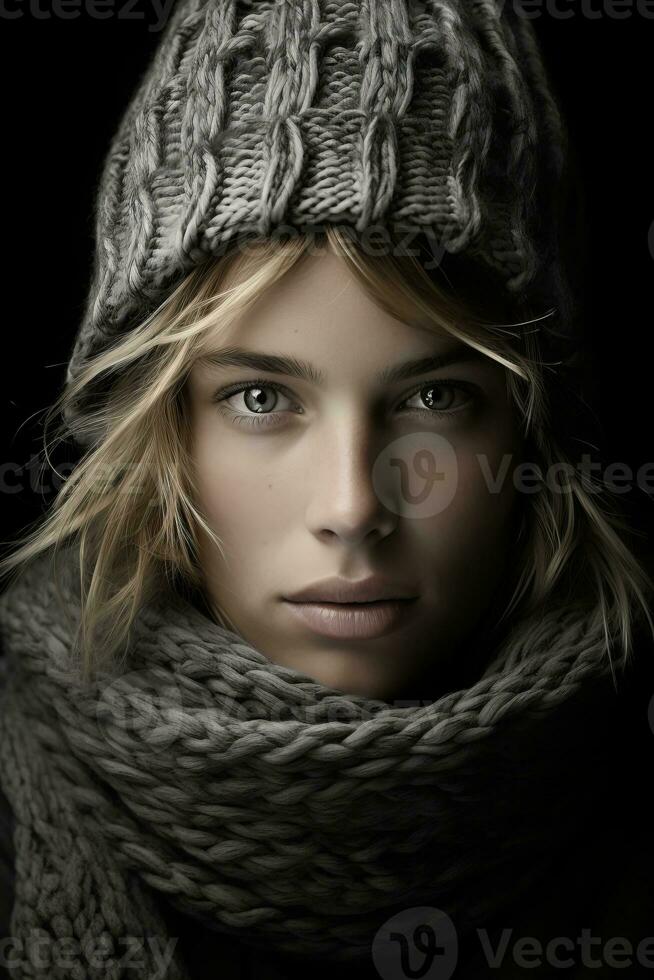 a woman in a knitted hat and scarf generative ai photo
