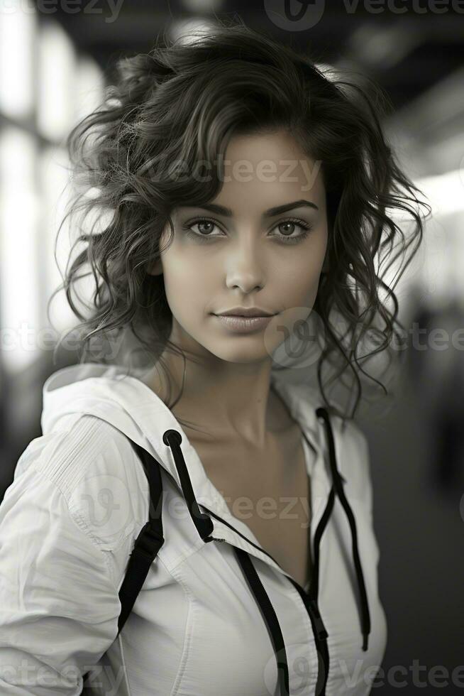 a woman in a white shirt and black jacket generative ai photo