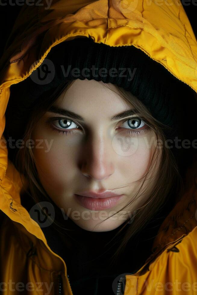 a woman in a yellow hoodie with blue eyes generative ai photo