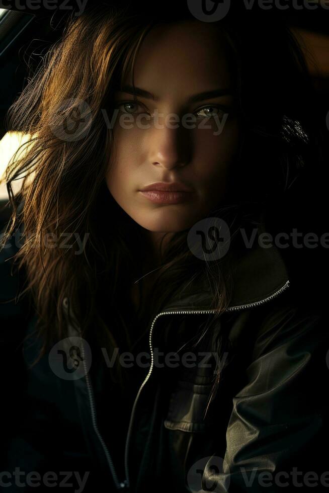 a woman sitting in a car with her eyes closed generative ai photo