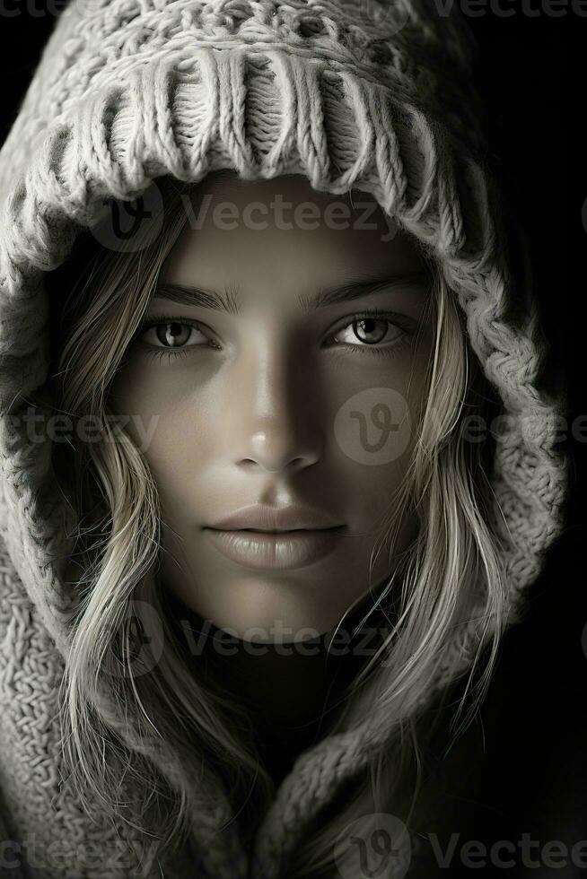a woman wearing a hoodie and looking into the camera generative ai photo