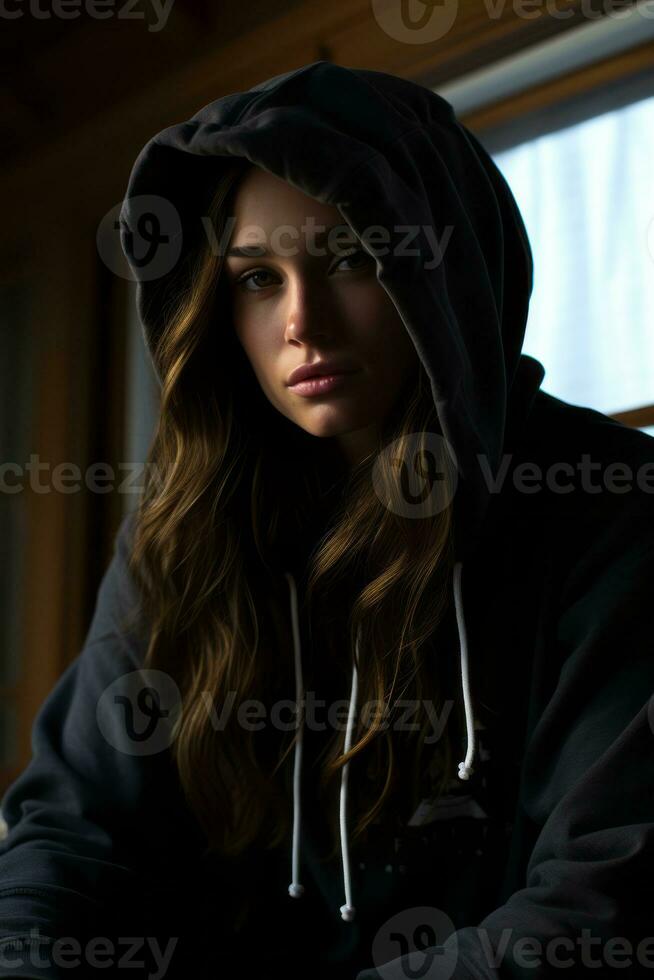 a woman wearing a hoodie generative ai photo
