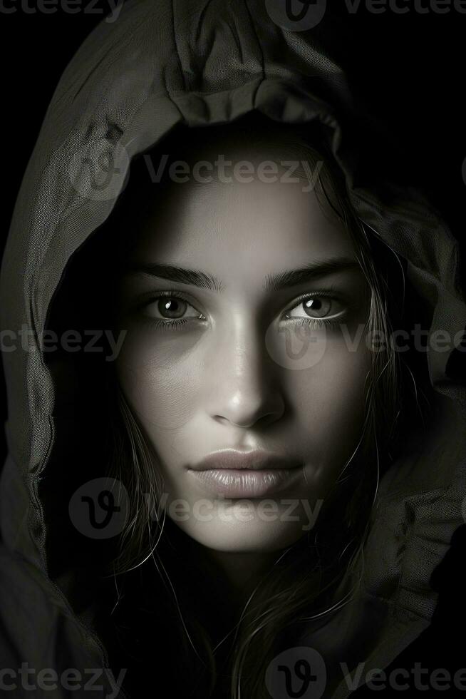 a woman with a hood on her head generative ai photo