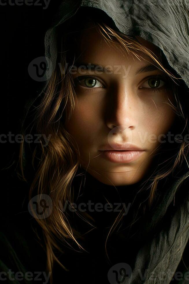 a woman with a hood on her head generative ai photo
