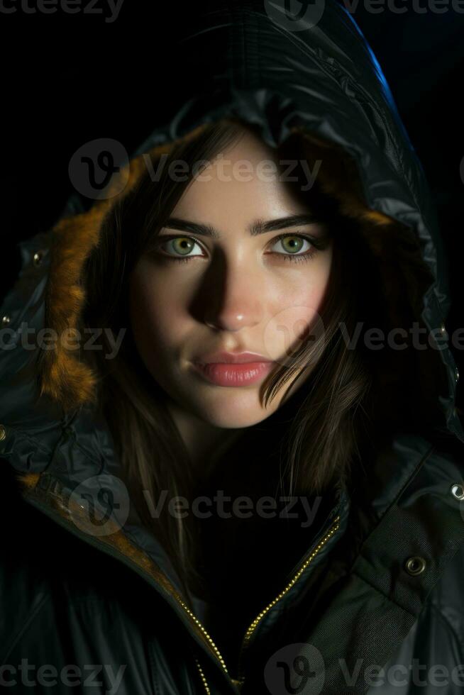 a woman with green eyes in a hooded jacket generative ai photo