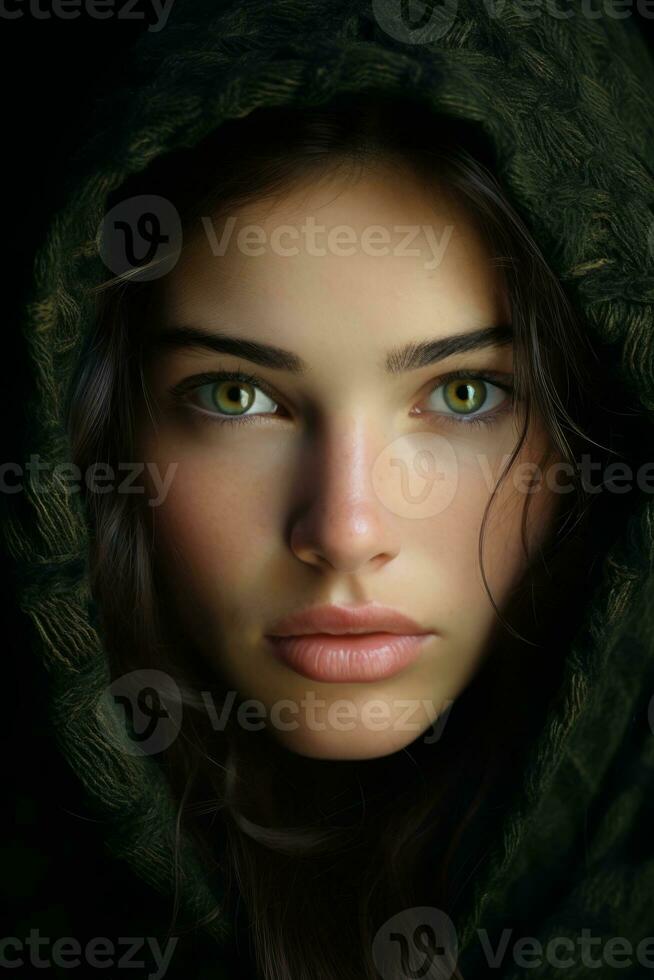 a woman with green eyes is wearing a hood generative ai photo