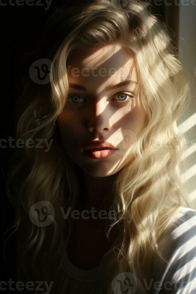 a woman with long blonde hair is standing in front of a window generative ai photo