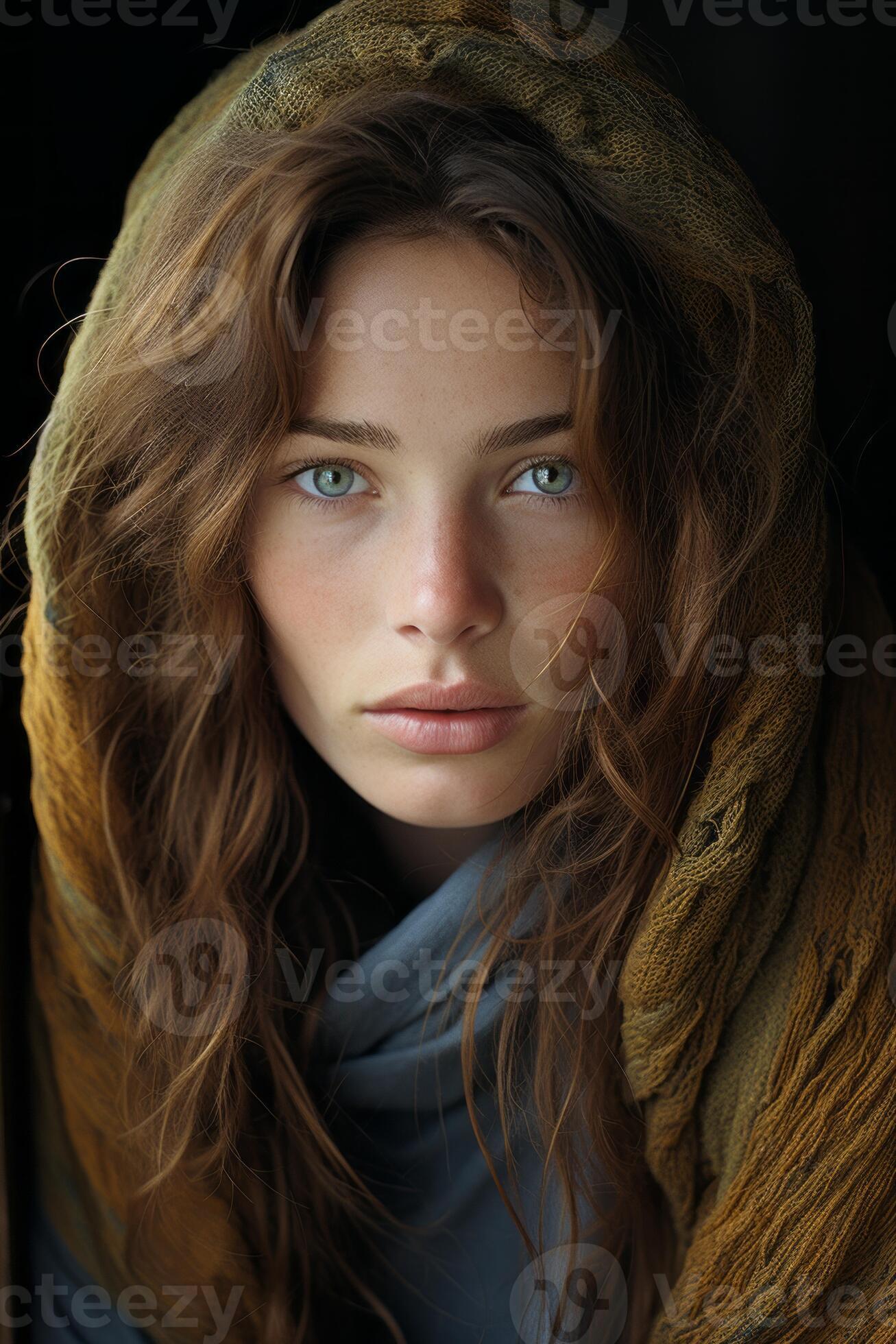 a woman with long brown hair and a blanket over her head generative ai