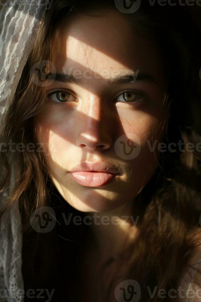 a woman with long hair and a veil is looking at the camera generative ai photo