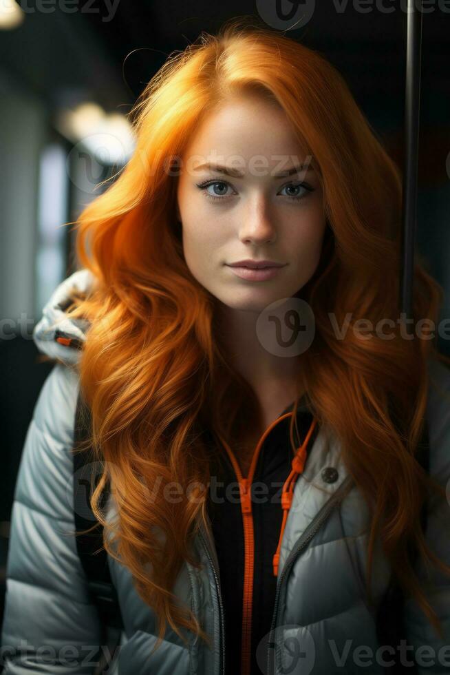 a woman with long red hair is sitting on a bus generative ai photo