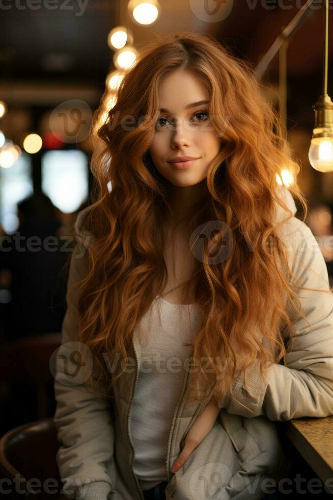 a woman with long red hair sitting at a table photo