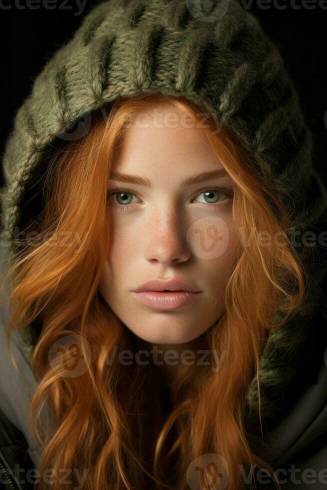 a woman with long red hair wearing a green hoodie generative ai photo