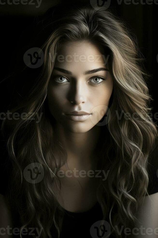 a woman with long wavy hair and blue eyes generative ai photo
