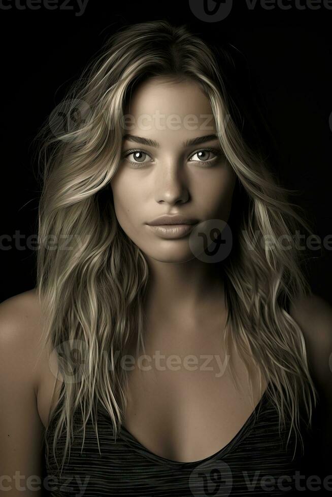 a woman with long wavy hair and blue eyes generative ai photo