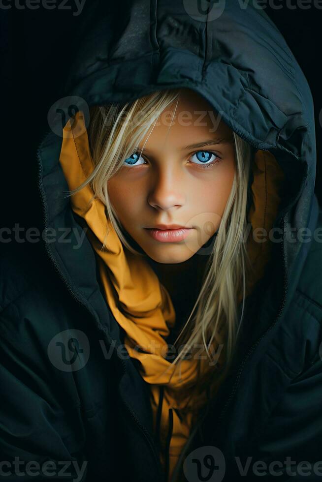 a young girl in a hooded jacket with blue eyes generative ai photo