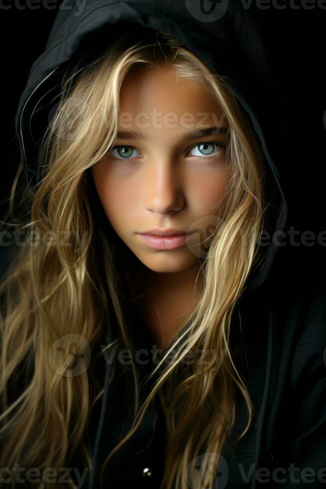 a young girl in a black hoodie generative ai photo