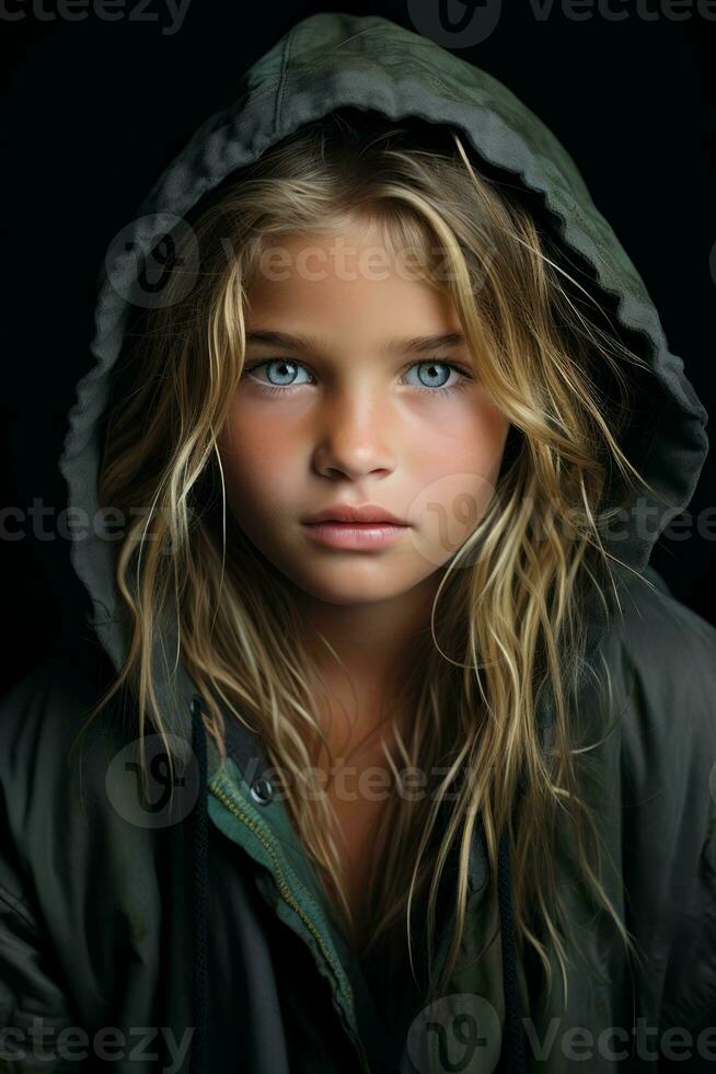 a young girl in a hoodie with blue eyes generative ai photo