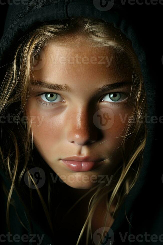 a young girl with green eyes in a black hoodie generative ai photo