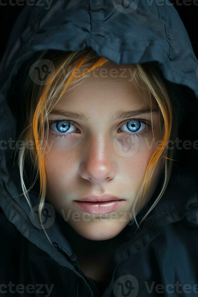 a young woman with blue eyes in a hooded jacket generative ai photo