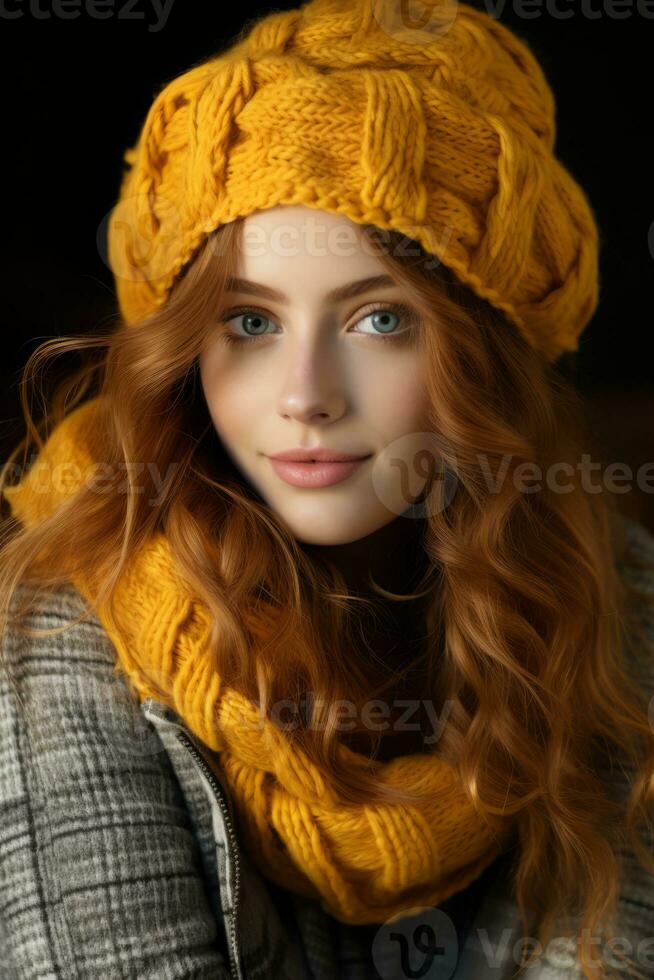 beautiful red haired girl wearing yellow hat and scarf generative ai photo