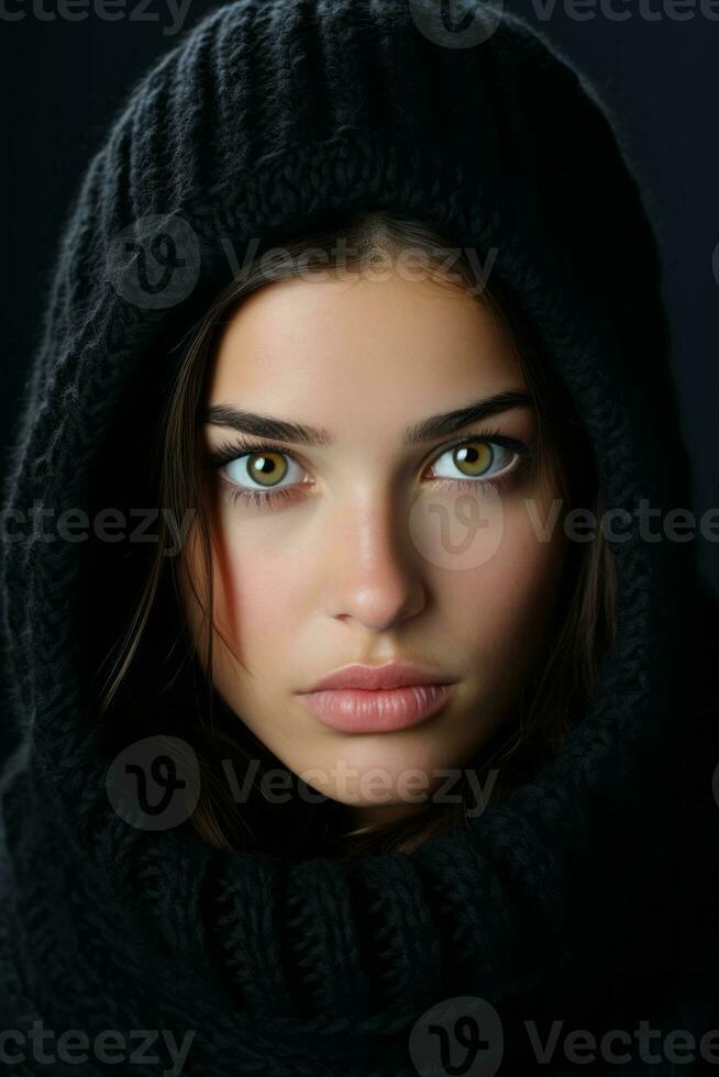 beautiful woman with green eyes in a black sweater generative ai photo