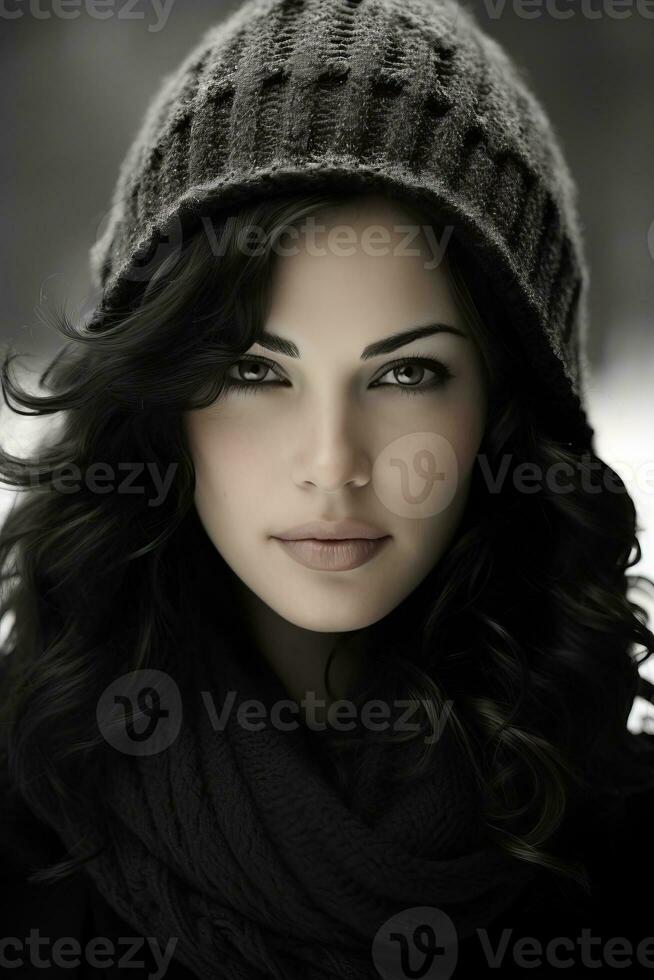 black and white photo of a woman wearing a hat and scarf generative ai