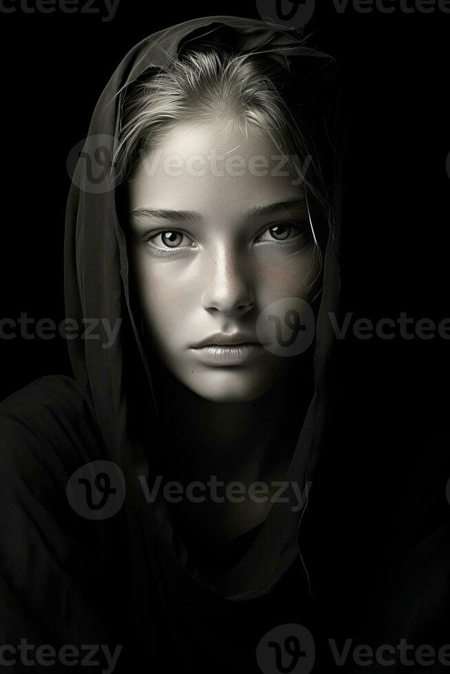 black and white portrait of a young woman with hood on generative ai photo