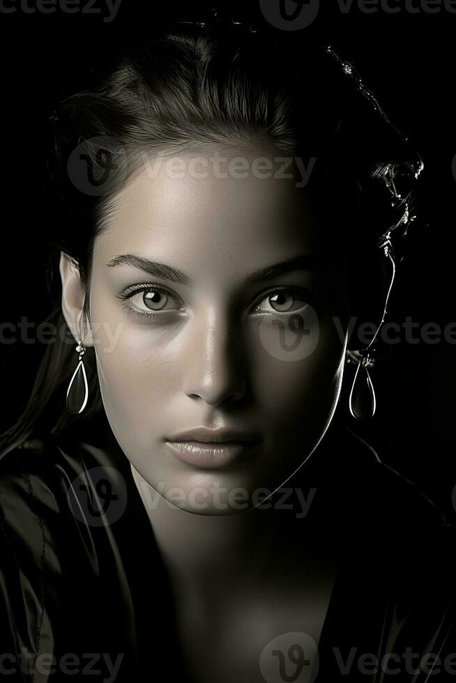 black and white photo of a woman with large earrings generative ai