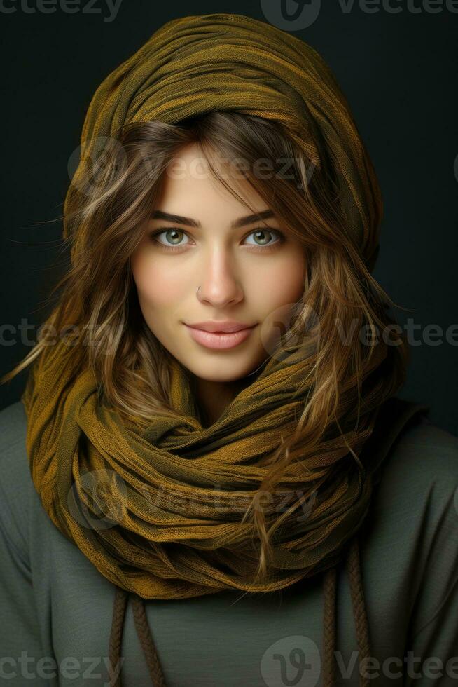 portrait of a beautiful young woman in a brown scarf on a black background generative ai photo