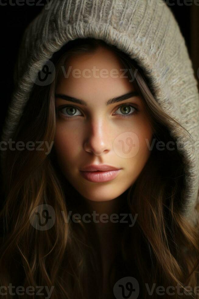 portrait of beautiful young woman with long brown hair in a knitted sweater generative ai photo
