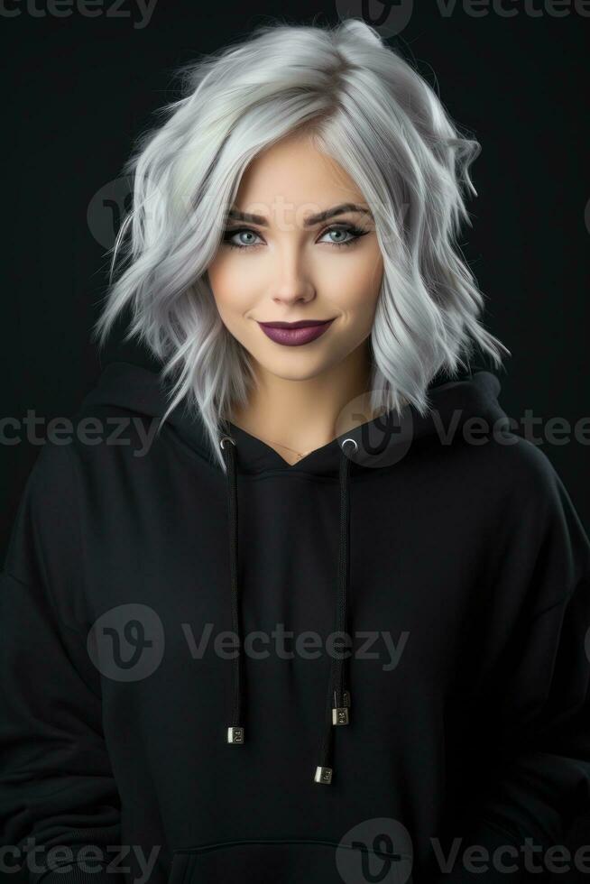 portrait of a beautiful young woman with white hair and a black hoodie on a black background generative ai photo