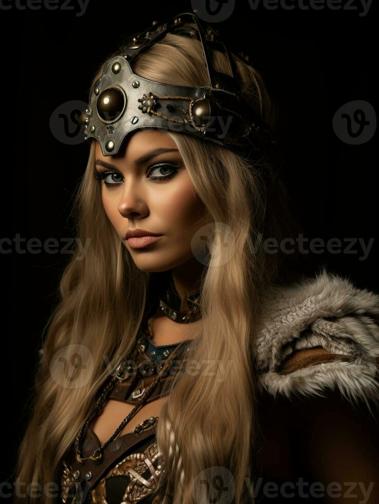 a beautiful blonde woman in a viking costume generative ai photo
