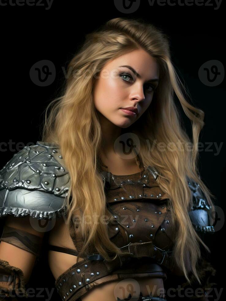 a beautiful blonde woman in armor posing for the camera generative ai photo
