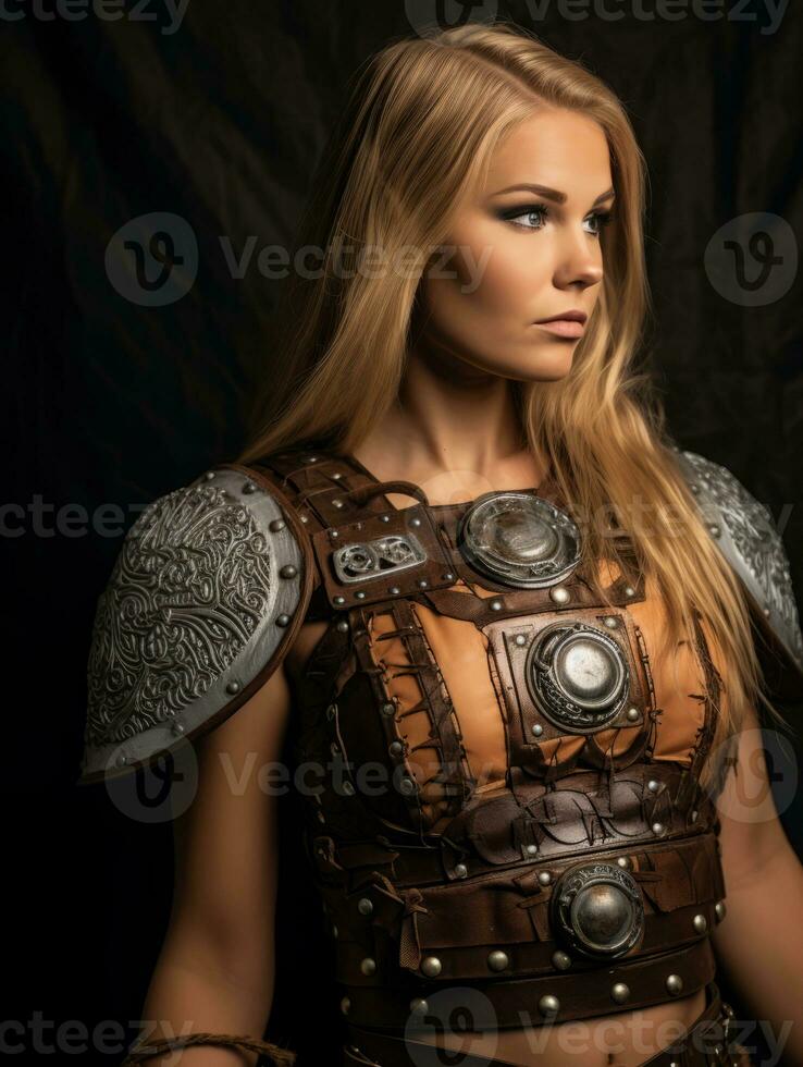 a beautiful blonde woman in a viking costume generative ai photo