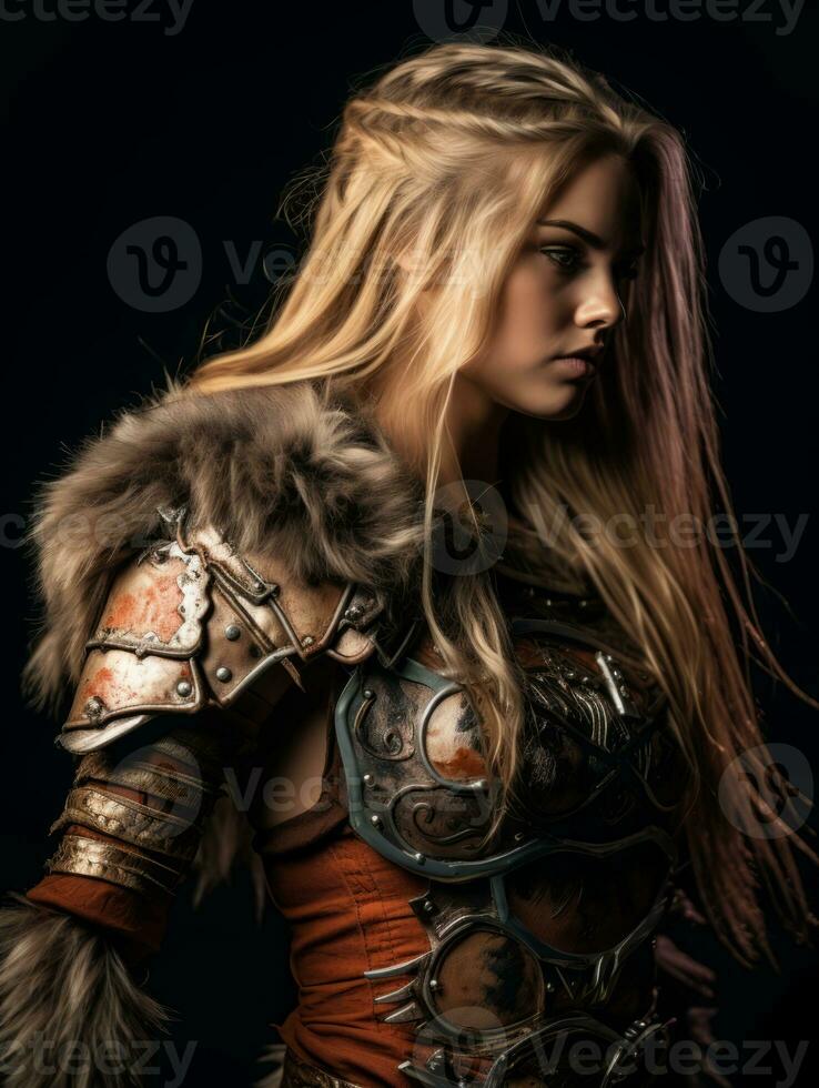 a beautiful blonde woman in armor standing in front of a black background generative ai photo