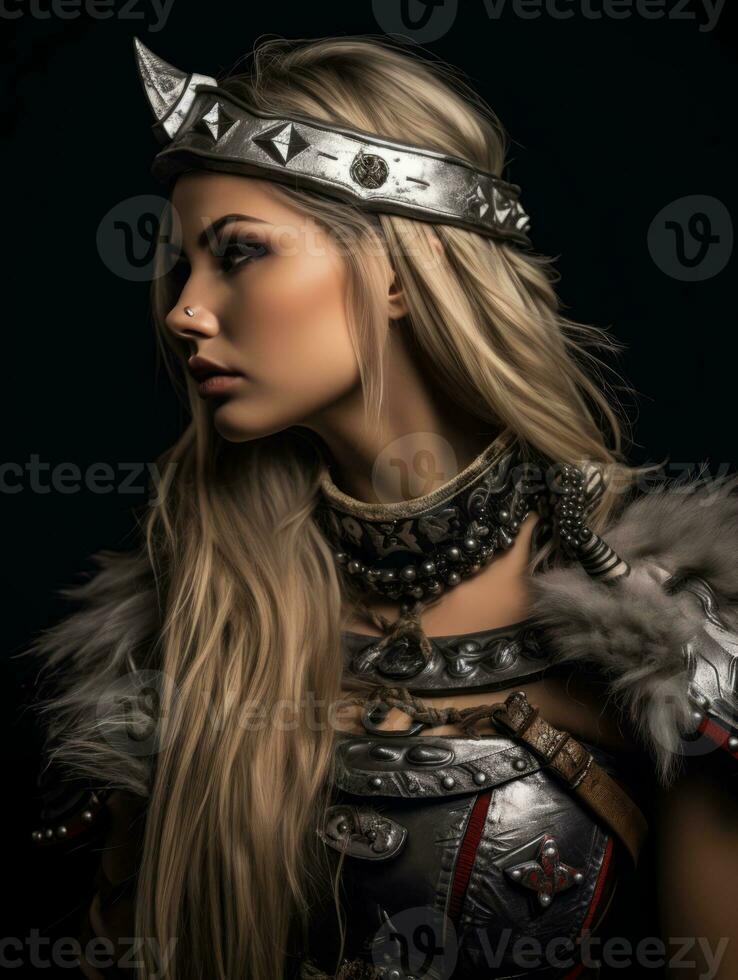 a beautiful blonde woman in armor with long hair generative ai photo