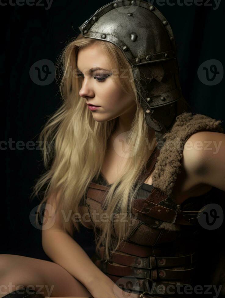 a beautiful blonde woman wearing a helmet and armor generative ai photo