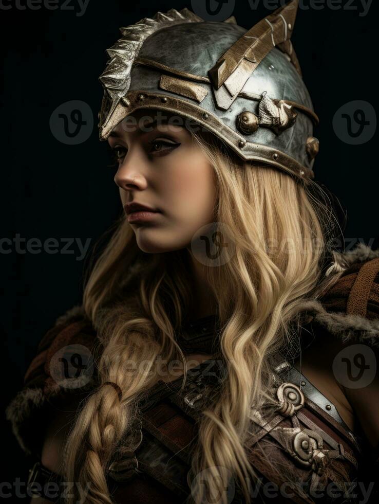 a beautiful blonde woman wearing a helmet and armor generative ai photo