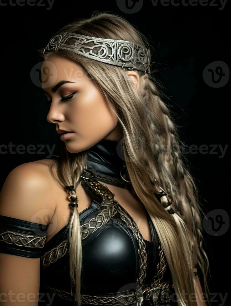 a beautiful blonde woman with long hair in a leather outfit generative ai photo