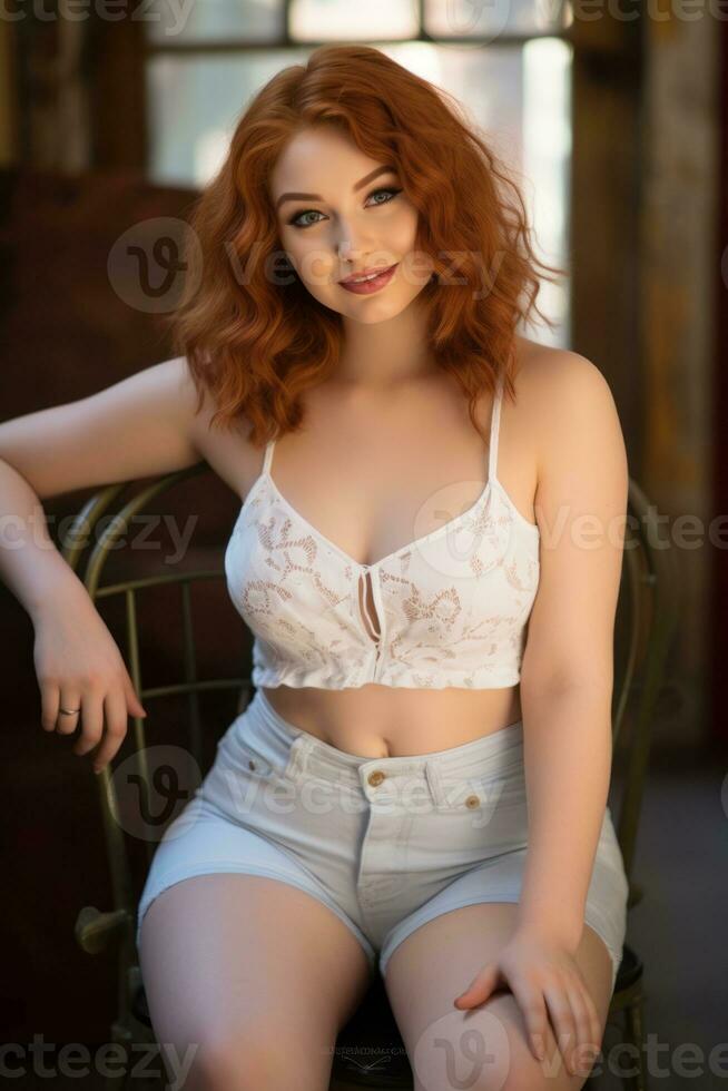 a beautiful redhead woman in a white bra top and denim shorts generative ai photo